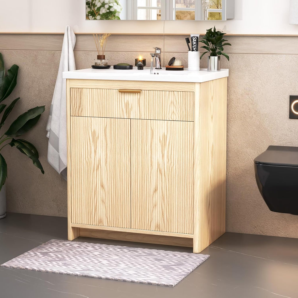 30'' Bathroom Vanity with Ceramic Single Sink Combo, Small Freestanding Bathroom Storage Vanity Cabinet with Drawer & Cabinet, Metal Handle,Natural Oak