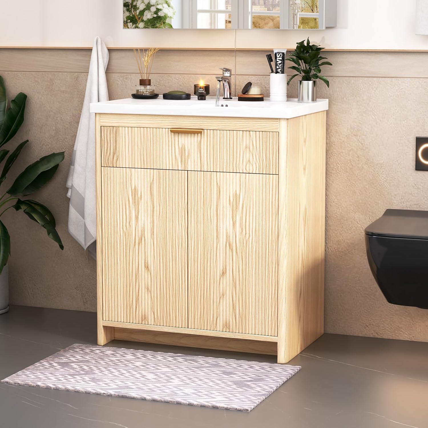 30'' Bathroom Vanity with Ceramic Single Sink Combo, Small Freestanding Bathroom Storage Vanity Cabinet with Drawer & Cabinet, Metal Handle,Natural Oak