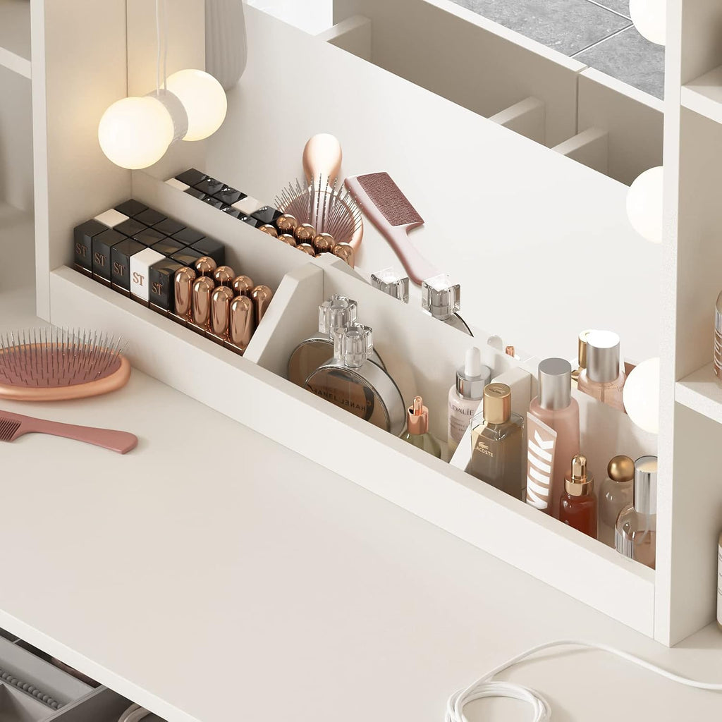 Vabches Makeup Vanity Table with Lighted Mirror & Power Strip, Large Vanity Set Vanity Desk with Storage Stool, 3 Lighting Modes, Brightness Adjustable, 45.2in(L)