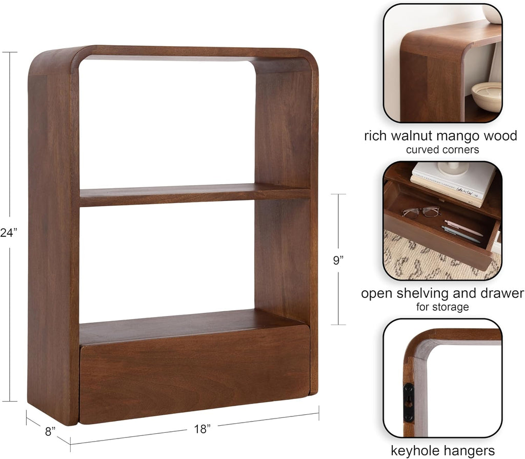 Kate and Laurel Kato Modern Wall Shelf with Drawer; 18 x 24; Walnut Brown; Decorative Over The Toilet Shelf for Use as Bathroom Storage or Living Room Display Shelf