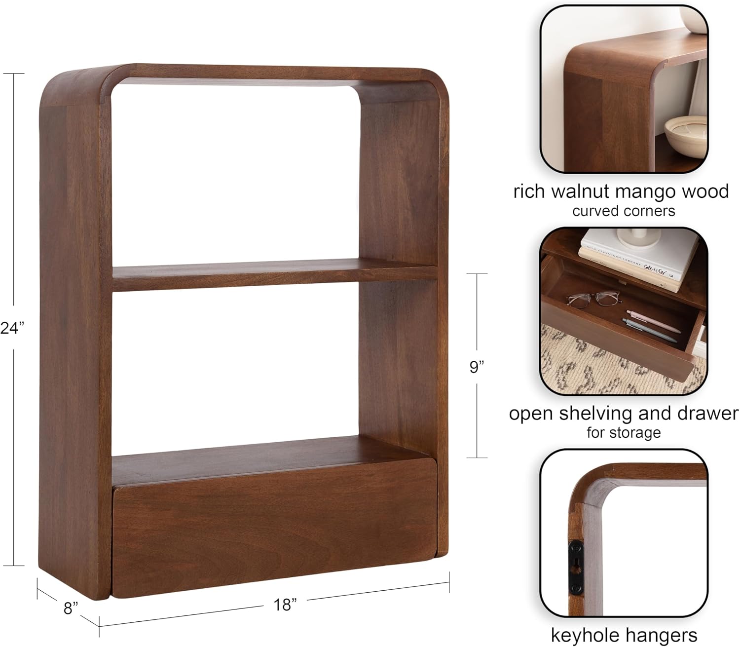 Kate and Laurel Kato Modern Wall Shelf with Drawer; 18 x 24; Walnut Brown; Decorative Over The Toilet Shelf for Use as Bathroom Storage or Living Room Display Shelf