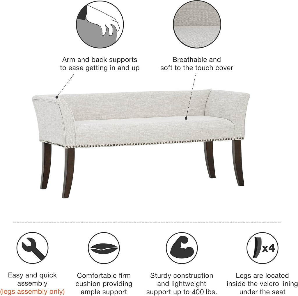 Madison Park Accent Bench for Living Room, Upholstered with Nailhead Trim, & Padded Seat Entryway Bench Small, End of Bed Bench with Back, 49.5' W x 19.25' D x 23' H, White Cream
