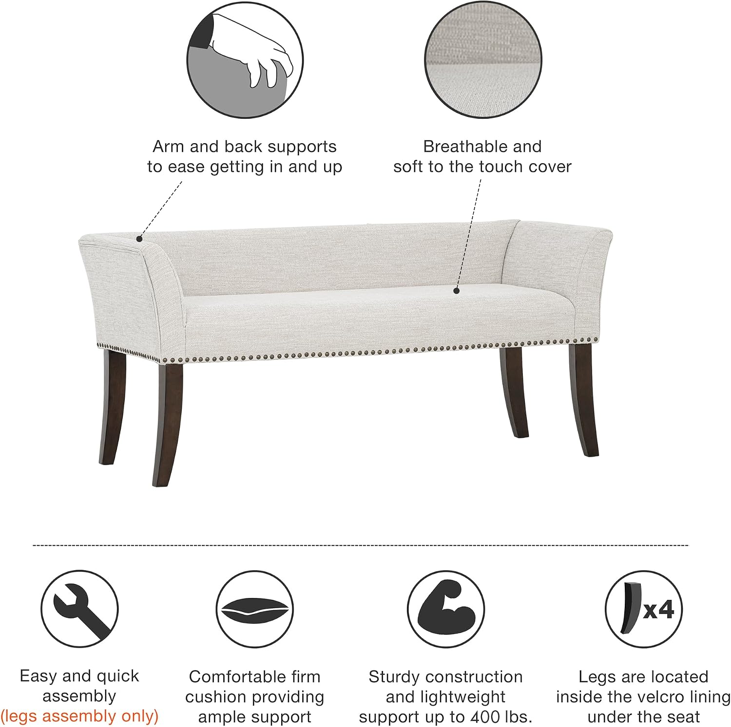 Madison Park Accent Bench for Living Room, Upholstered with Nailhead Trim, & Padded Seat Entryway Bench Small, End of Bed Bench with Back, 49.5' W x 19.25' D x 23' H, White Cream