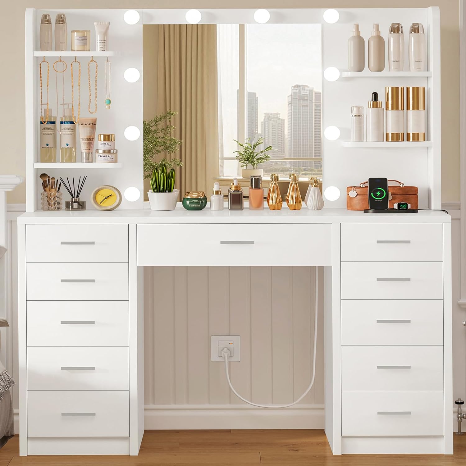 Quimoo Large Vanity Desk with Mirror and Lights, Makeup Vanity with 11 Drawers & 6 Open Shelves, 3 Color Modes & Adjustable Brightness, White Vanity for Girls