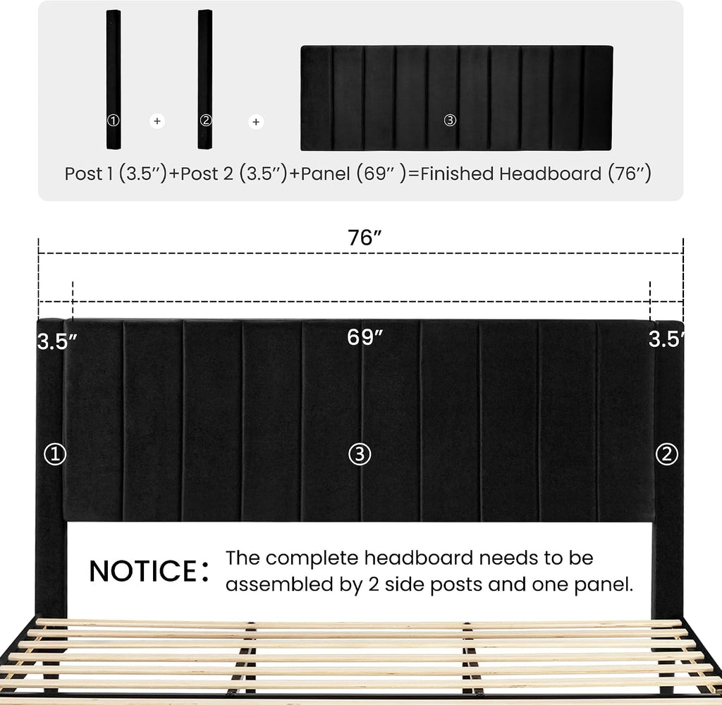 SHA CERLIN King Bed Frame/Velvet Upholstered Platform Bed Frame with Headboard/Strong Wood Slats Support/Mattress Foundation/No Box Spring Needed - Black