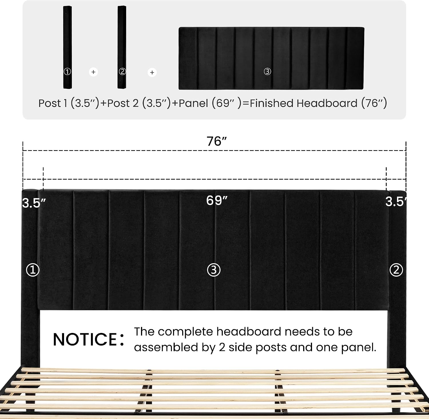SHA CERLIN King Bed Frame/Velvet Upholstered Platform Bed Frame with Headboard/Strong Wood Slats Support/Mattress Foundation/No Box Spring Needed - Black