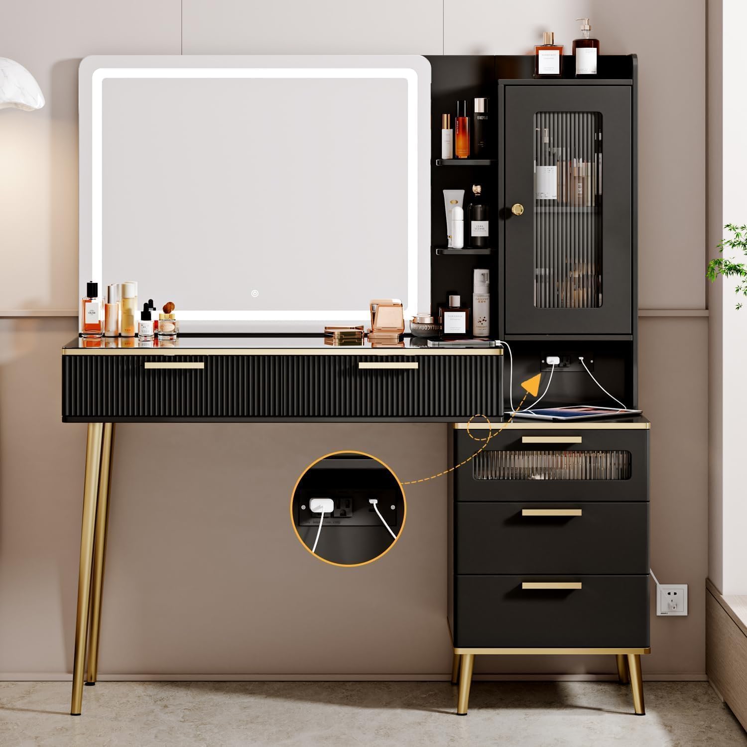 Arulvmrn 47.24' Big Modern Vanity Desk with Mirror and Lights, Vanity Desk with 29.53' HD Lighted Mirror, Makeup Vanity with 5 Drawers and Storage Shelves and Charging Station, Black2