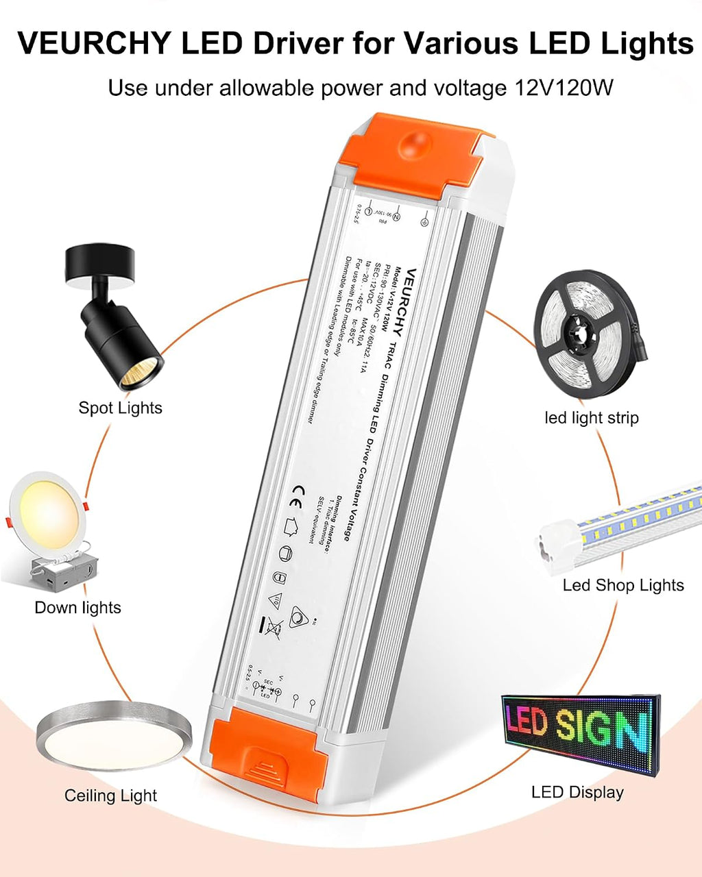 120W 12v Dimmable LED Driver, Triac LED Dimmable Transformer Compatible with Lutron & Leviton Dimmer Switches AC 110V to DC 12V 120 Watt, 12 Volt Power Supply for LEDs Strip Lights 2 Pack