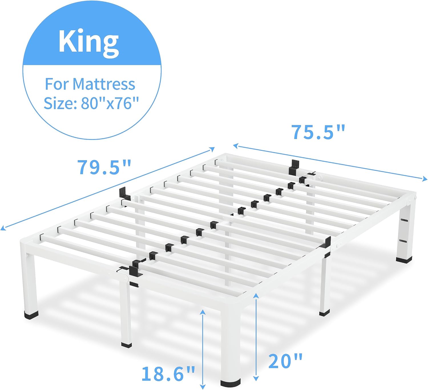 VIPSHOW 18 Inch King Size White Bed Frame, 3500Lbs Heavy Duty Metal Platform with Round Corner Legs Mattress Slide Stopper, Steel Slat Support No Box Spring Needed, Noise Free, Non-Slip, Easy Assembly