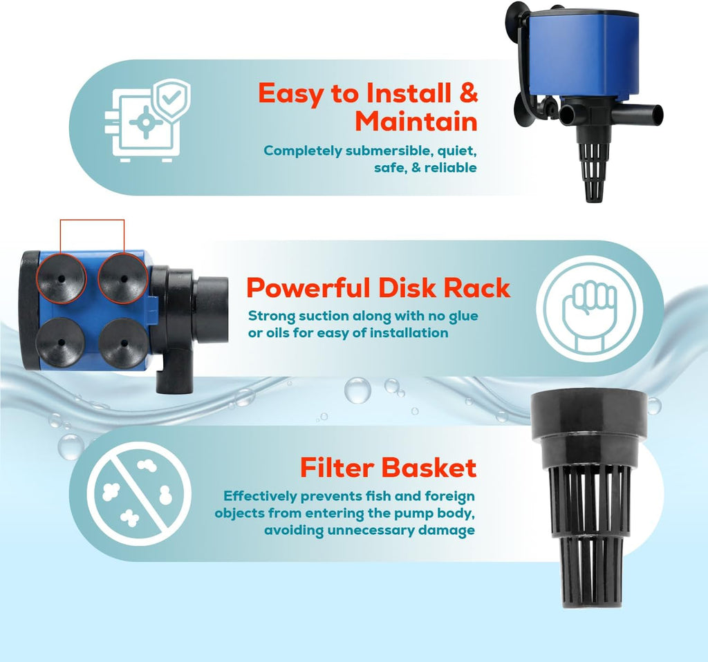 Aqua Dream 475 GPH Aquarium Powerhead - 3-in-1 Submersible Filter Pump with Air Oxygenation & Adjustable Flow, 25W High-Performance Water Circulation Pump for Fish Tanks - 9 Pcs