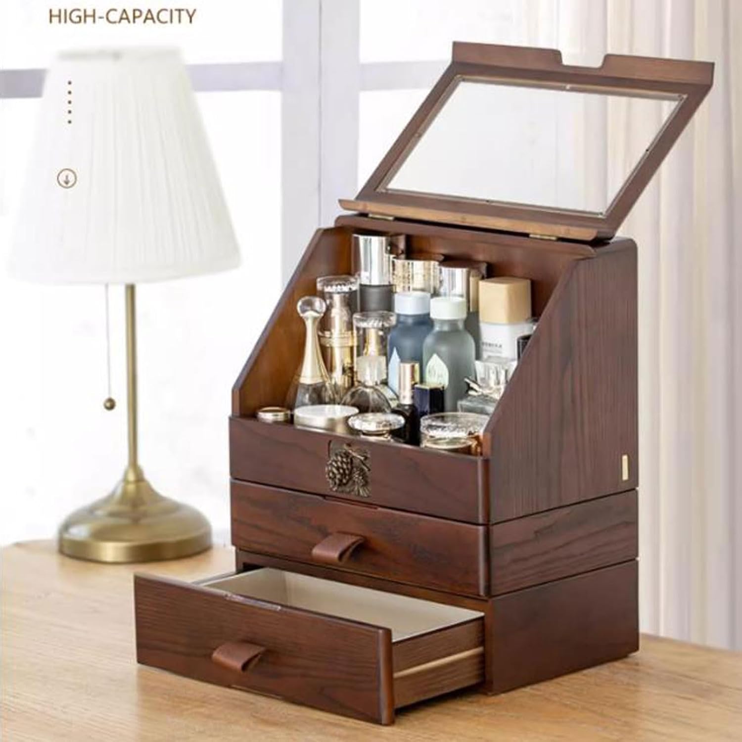 Makeup Storage Box Large Capacity Wood Makeup Organizer Box with Flip Lid and Drawers, Bathroom Organizer Countertop, Vanity Tray Corner Shelf for Makeup Cosmetic Perfume Skincare Bathroom Supplies Va