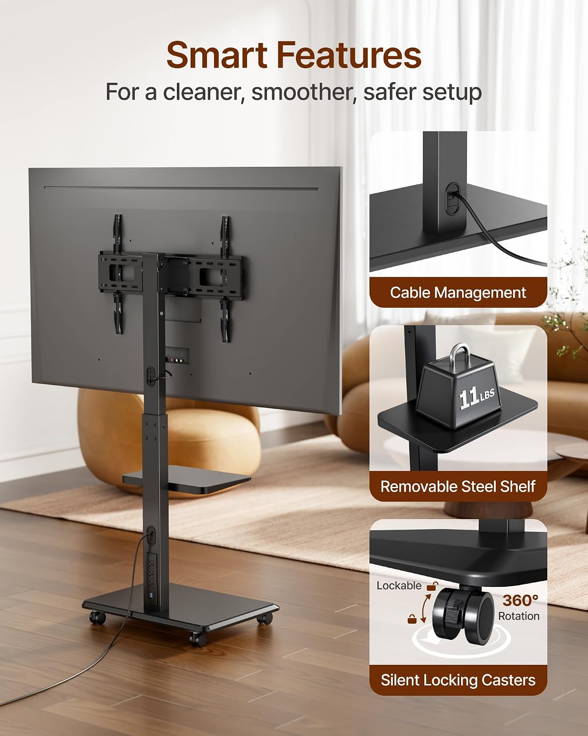 Steel Base Rolling TV Stand with Power Outlet for 32-75 inch TVs up to 110 lbs, Leveling & Tilt & Swivel Mobile TV Stand with Hidden Wire Management, Height Adjustable Portable Tv Stand, Black