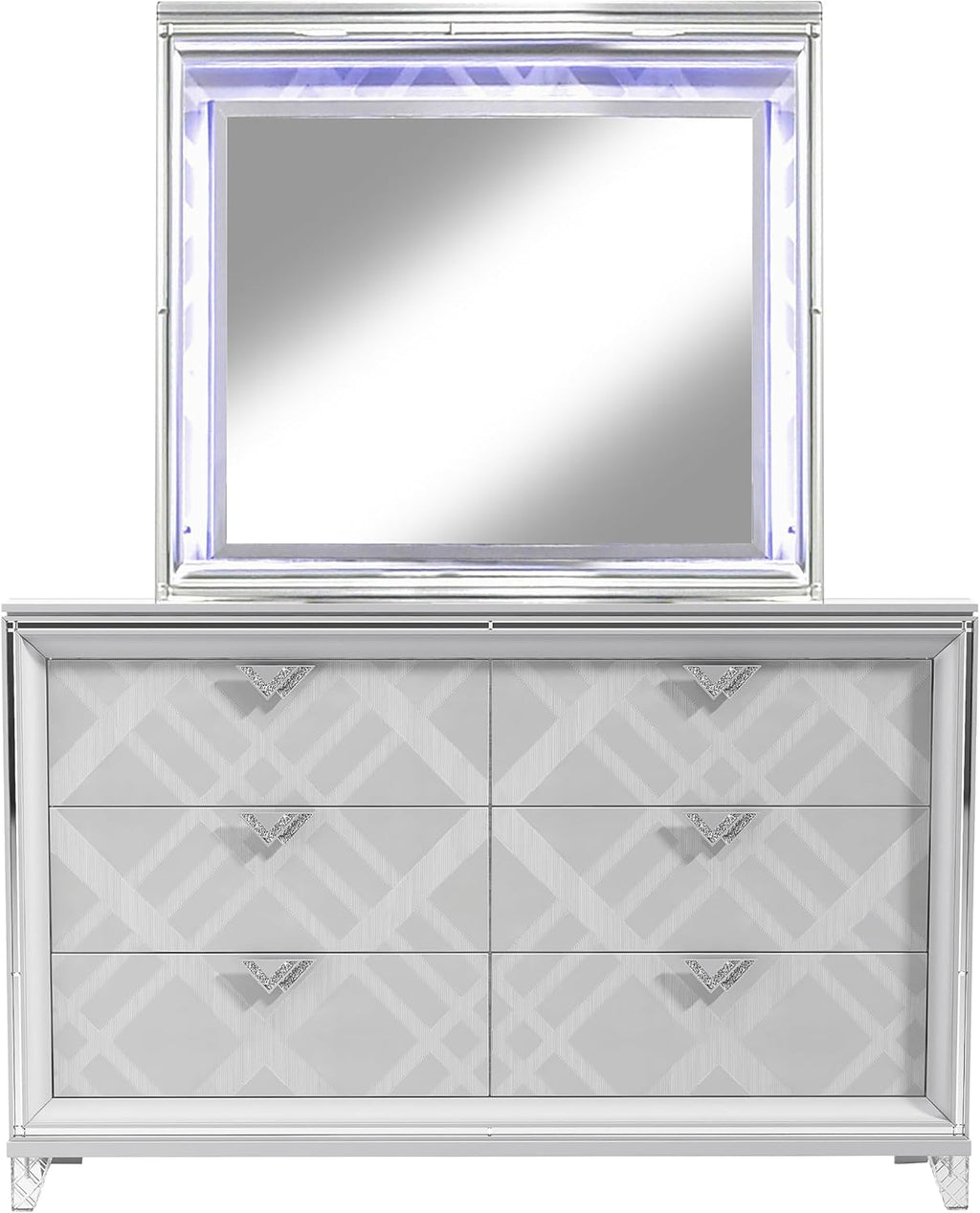 HOMES: Inside + Out Quasar Modern Wood 5-Piece Bedroom Set with LED Lights in Headboard and Mirror, USB Charger Behind Nightstand, Hidden Jewelry Drawers for Bedroom, California King, White