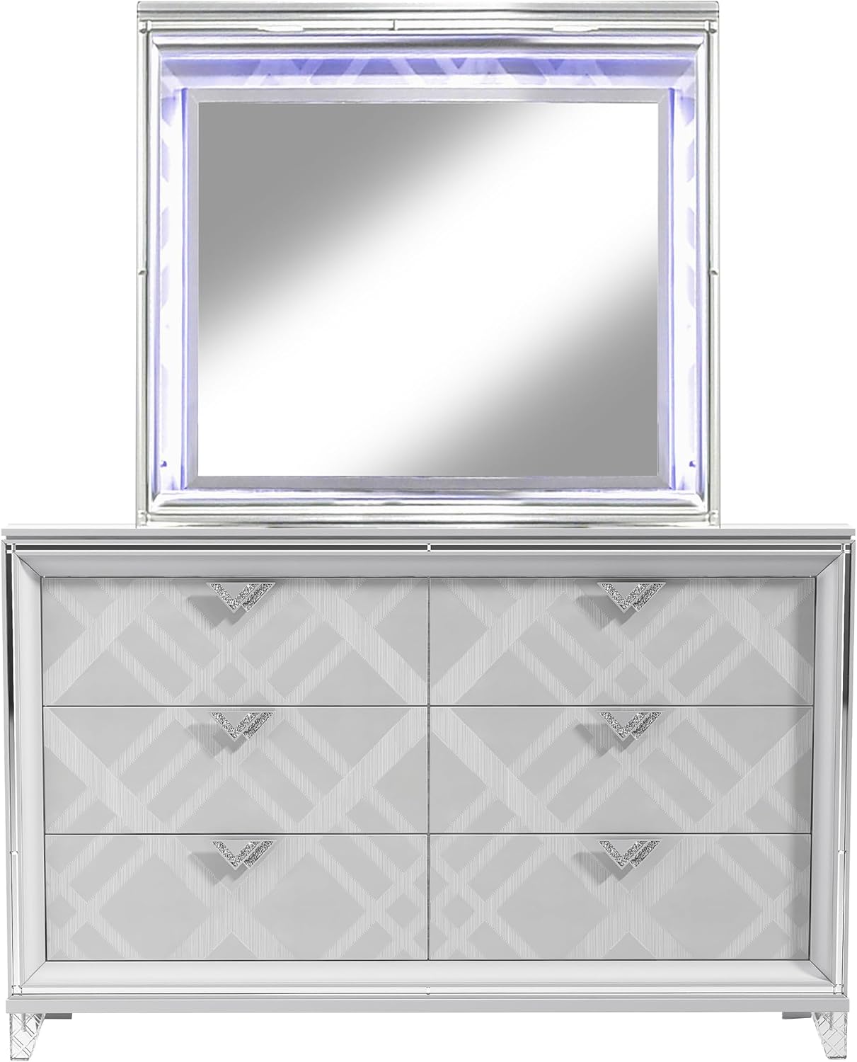 HOMES: Inside + Out Quasar Modern Wood 5-Piece Bedroom Set with LED Lights in Headboard and Mirror, USB Charger Behind Nightstand, Hidden Jewelry Drawers for Bedroom, California King, White