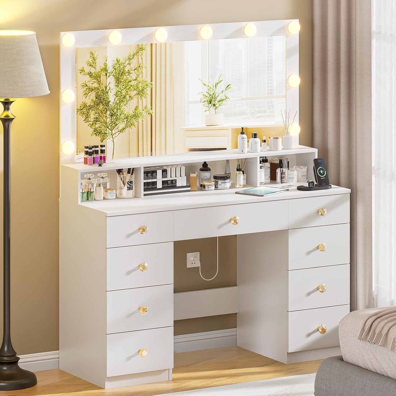 White Vanity with Lighted Mirror, Makeup Vanity Desk with Power Outlet, 9 Drawers & Shelf Storage, 43.3' Large Vanity Desk, Women Girls Vanity Dressing Table for Bedroom Bathroom