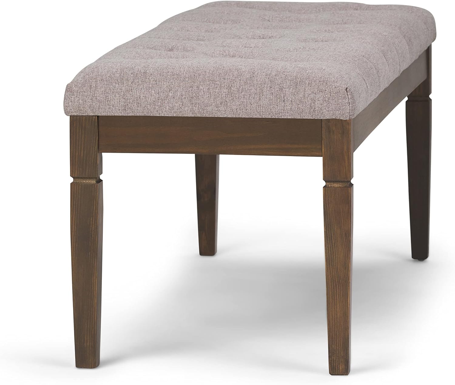 SIMPLIHOME Waverly Tufted Ottoman Bench - 48 inch Wide Upholstered Linen Look Fabric Rectangle Footstool Ottoman in Cloud Grey, Traditional Bench for Bedroom, Entryway or Living Room with Carved Legs