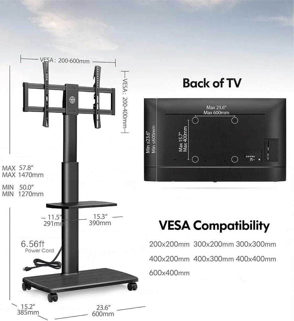 FITUEYES Rolling TV Stand with Power Outlets, Swivel Portable TV Stand for 32-70 Inch LCD LED OLED Flat/Curved Panel Screen TVs, Height Adjustable&Wood Base, Mobile TV Cart with Shelf, Black