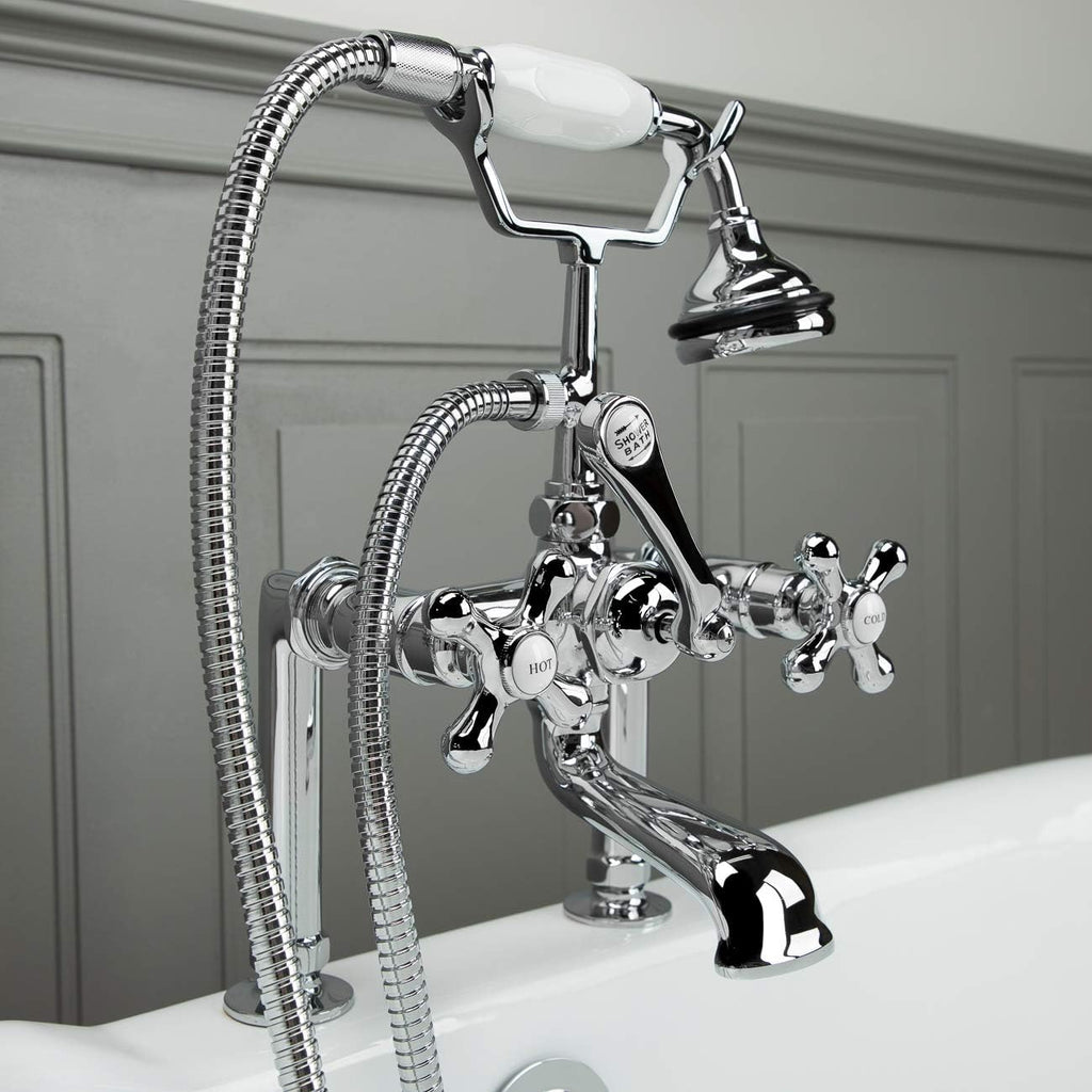 Vintage Tub & Bath Clawfoot Tub Rim Mount English Telephone Faucet with Handshower - Drain and Supply Lines Complete Set