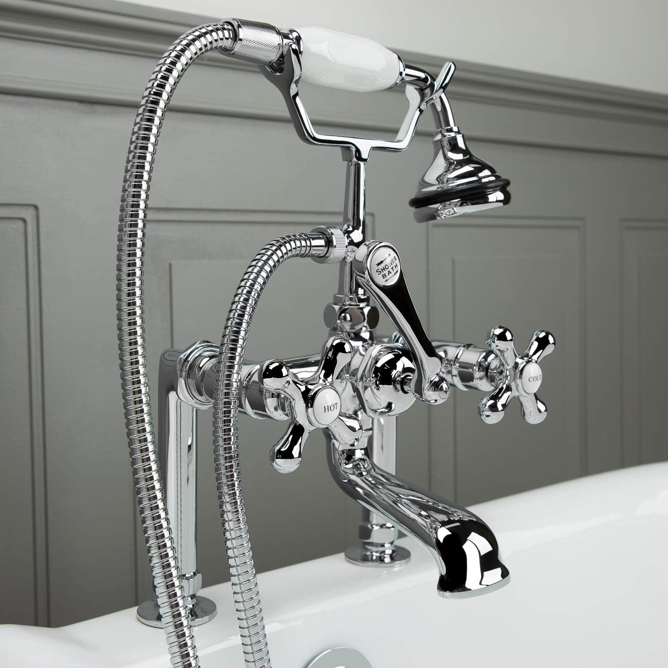 Vintage Tub & Bath Clawfoot Tub Rim Mount English Telephone Faucet with Handshower - Drain and Supply Lines Complete Set