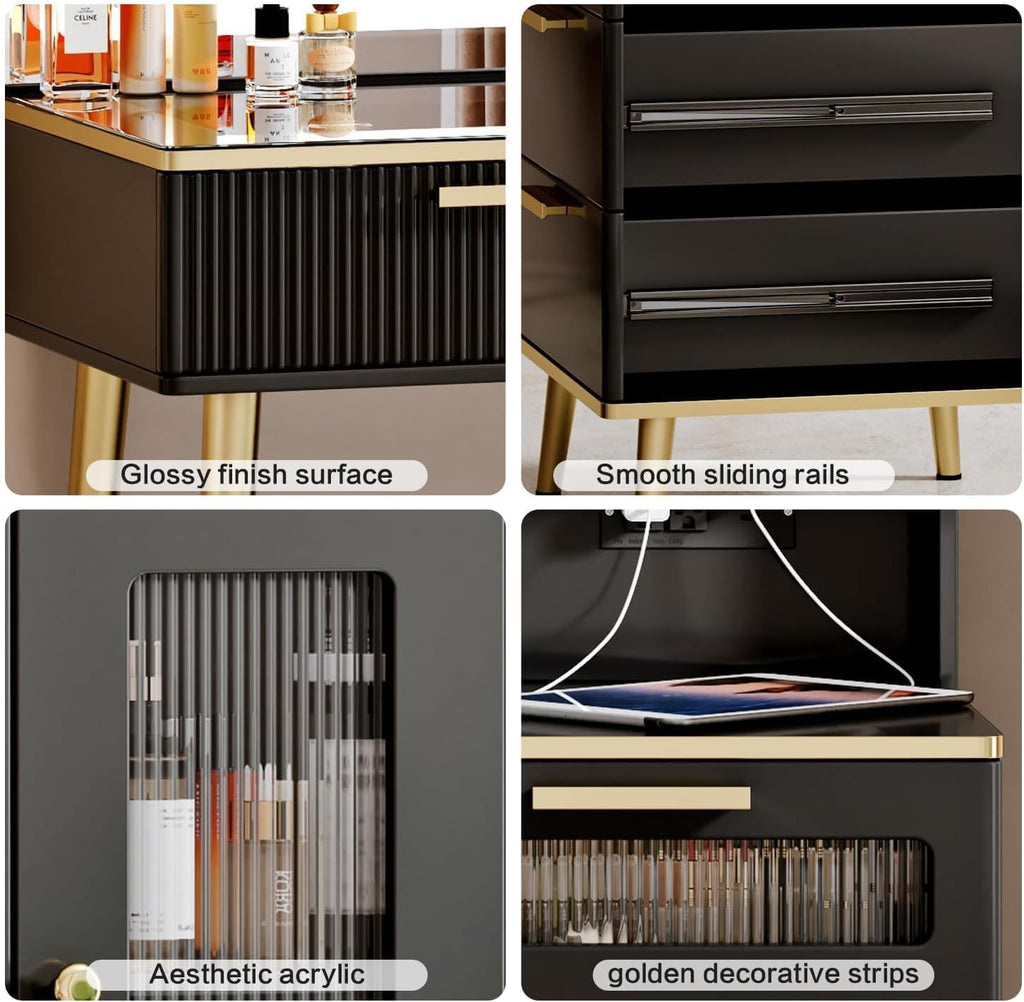 Arulvmrn 47.24' Big Modern Vanity Desk with Mirror and Lights, Vanity Desk with 29.53' HD Lighted Mirror, Makeup Vanity with 5 Drawers and Storage Shelves and Charging Station, Black2