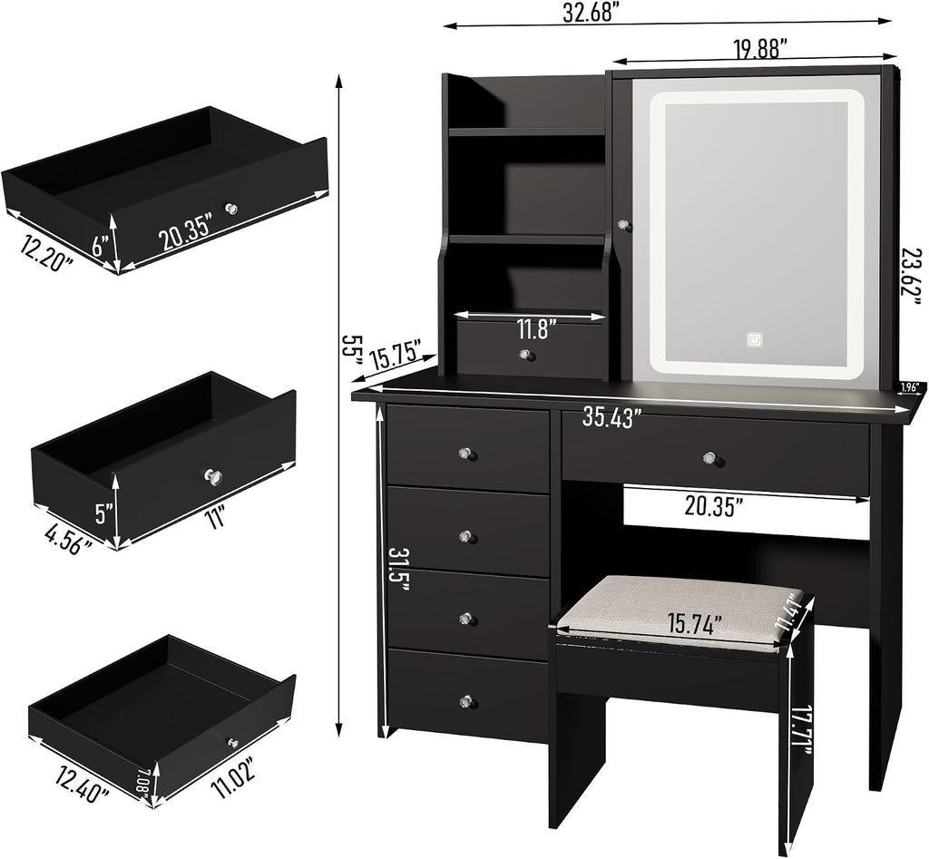 DYHOME Makeup Vanity Desk with LED Lights Mirror 3 Adjustable Modes and Power Outlets, Vanity Table with 6 Drawers Dresser and Bench, Makeup Desk for Bedroom Dressing Room, Black