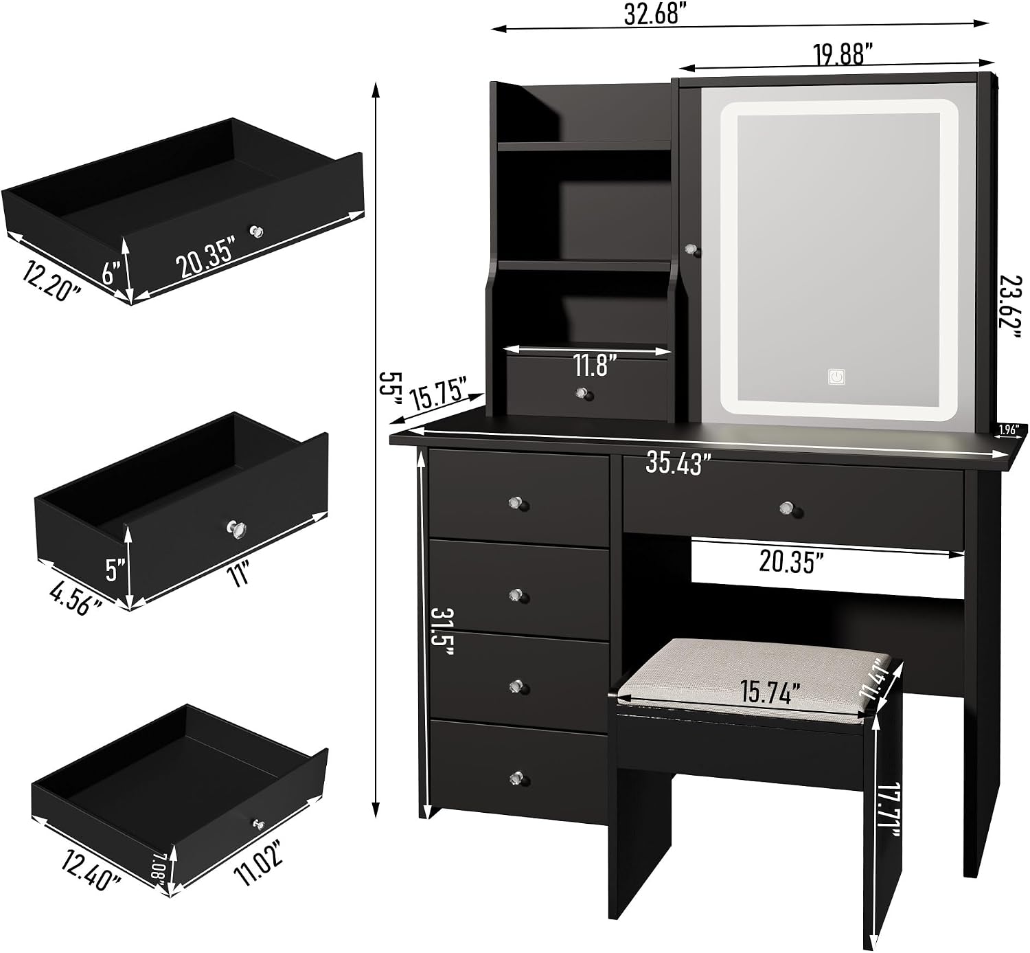 Vanity Desk with Mirror and LED Lights, Makeup Vanity Set with Power Outlet, and Stool,Jewelry Storage,Black Vanity Desk for Bedroom