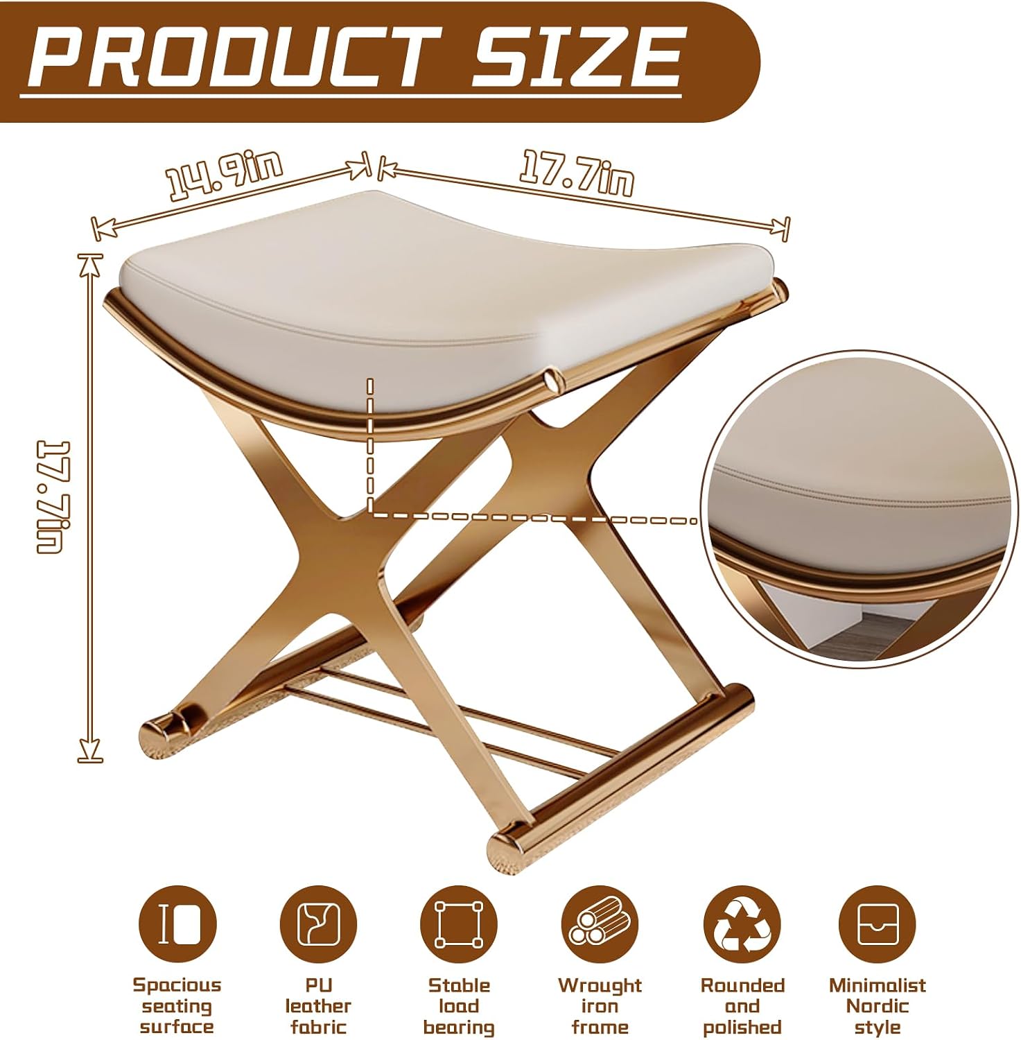 Modern Vanity Stool - Gold Leather Makeup Chair with X-Legs, Backless Ottoman Bench for Bathroom, Living Room & Bedroom Decor