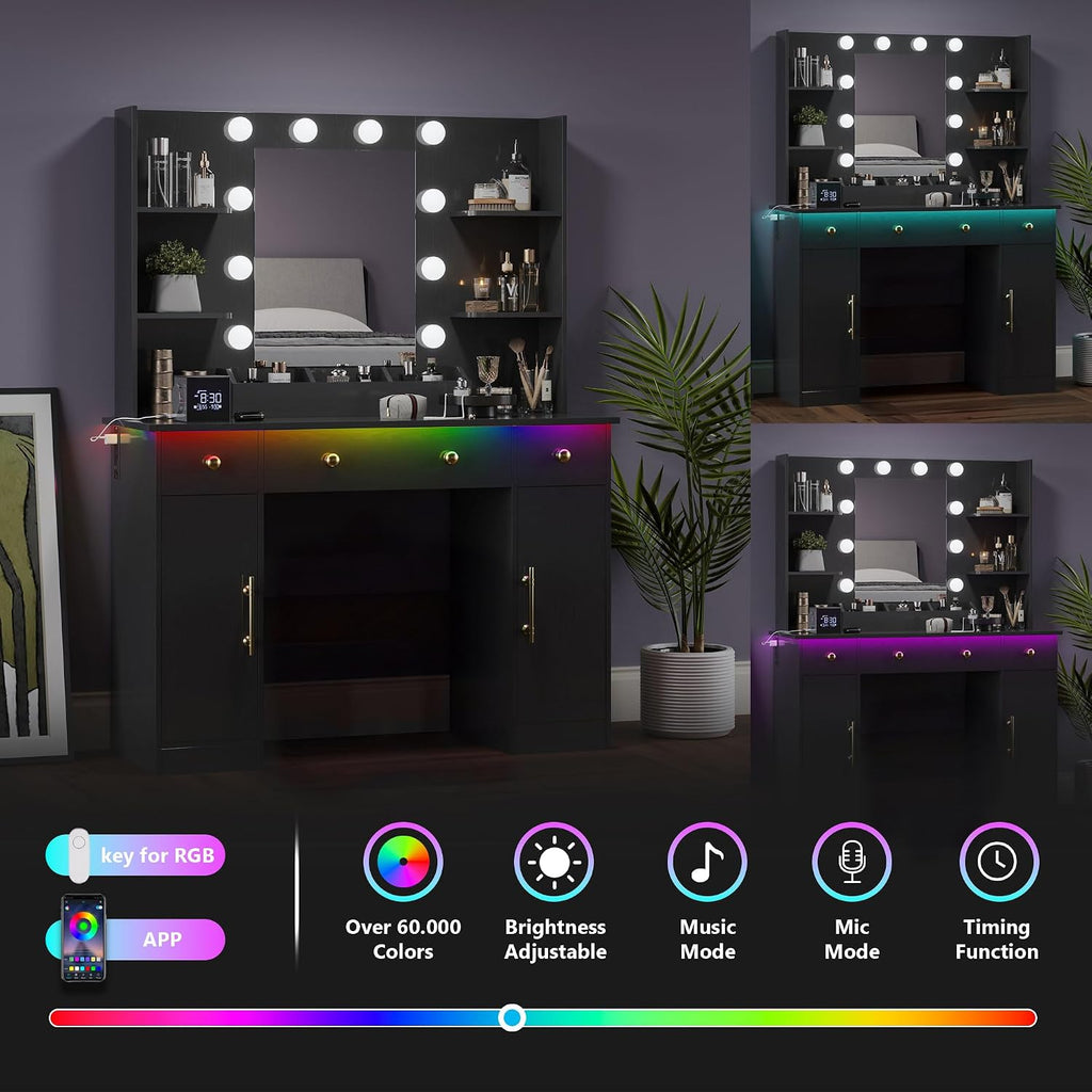 Wodeer Makeup Vanity Desk with Mirror and Lights, 43' Black Vanity Set with 3 Drawers, Power Outlet & Adjustable RGB LED Lights, Dressing Table with Storage Shelf for Women & Girls Bedroom
