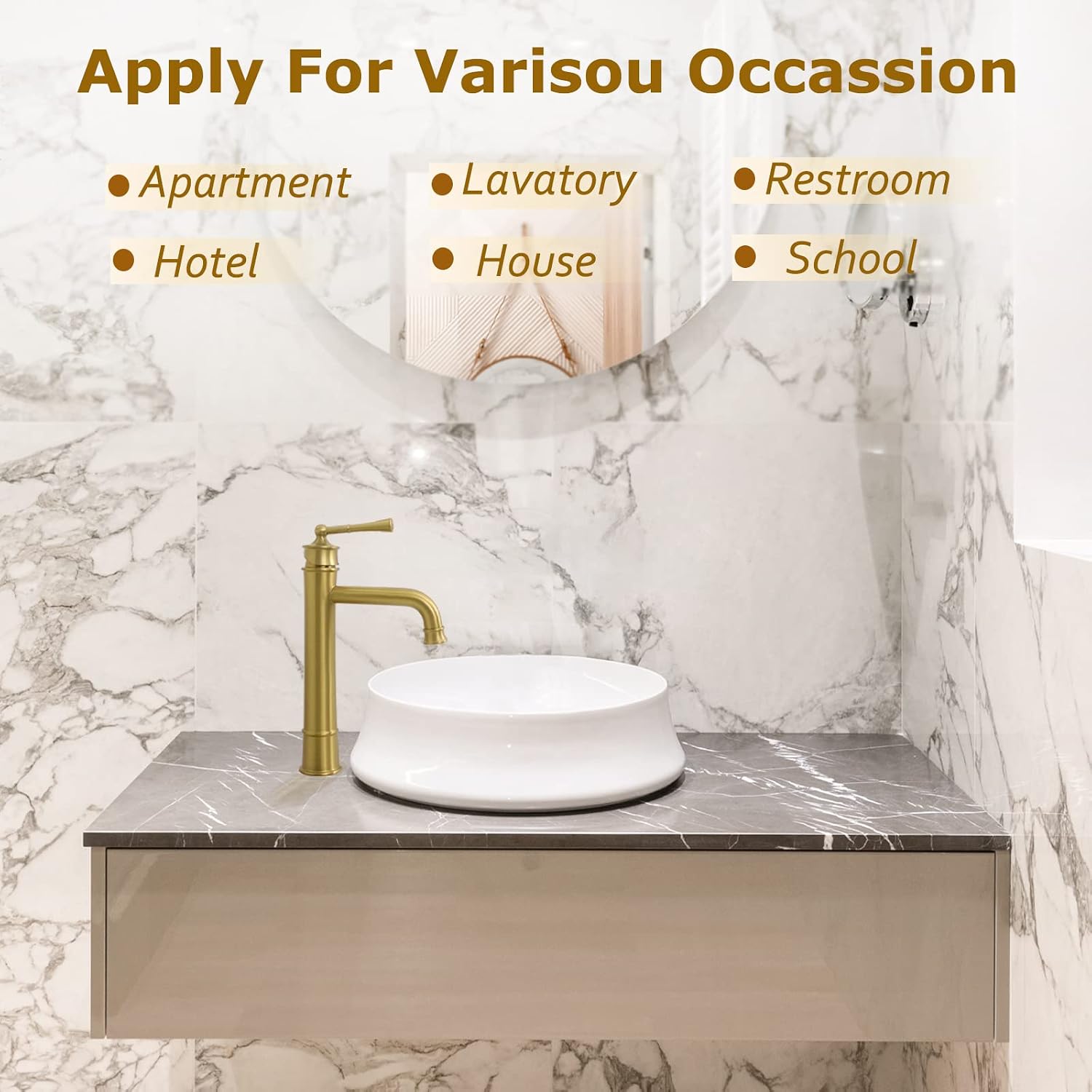 Vessel Sink Faucet Brushed Gold Tall Bathroom Faucet Deck Mount Single Handle One Hole Lavatory Vanity Faucet with Pop Up Drain Assembly Bathroom Sink Faucet for Mixer Bowl(L2302-BG)
