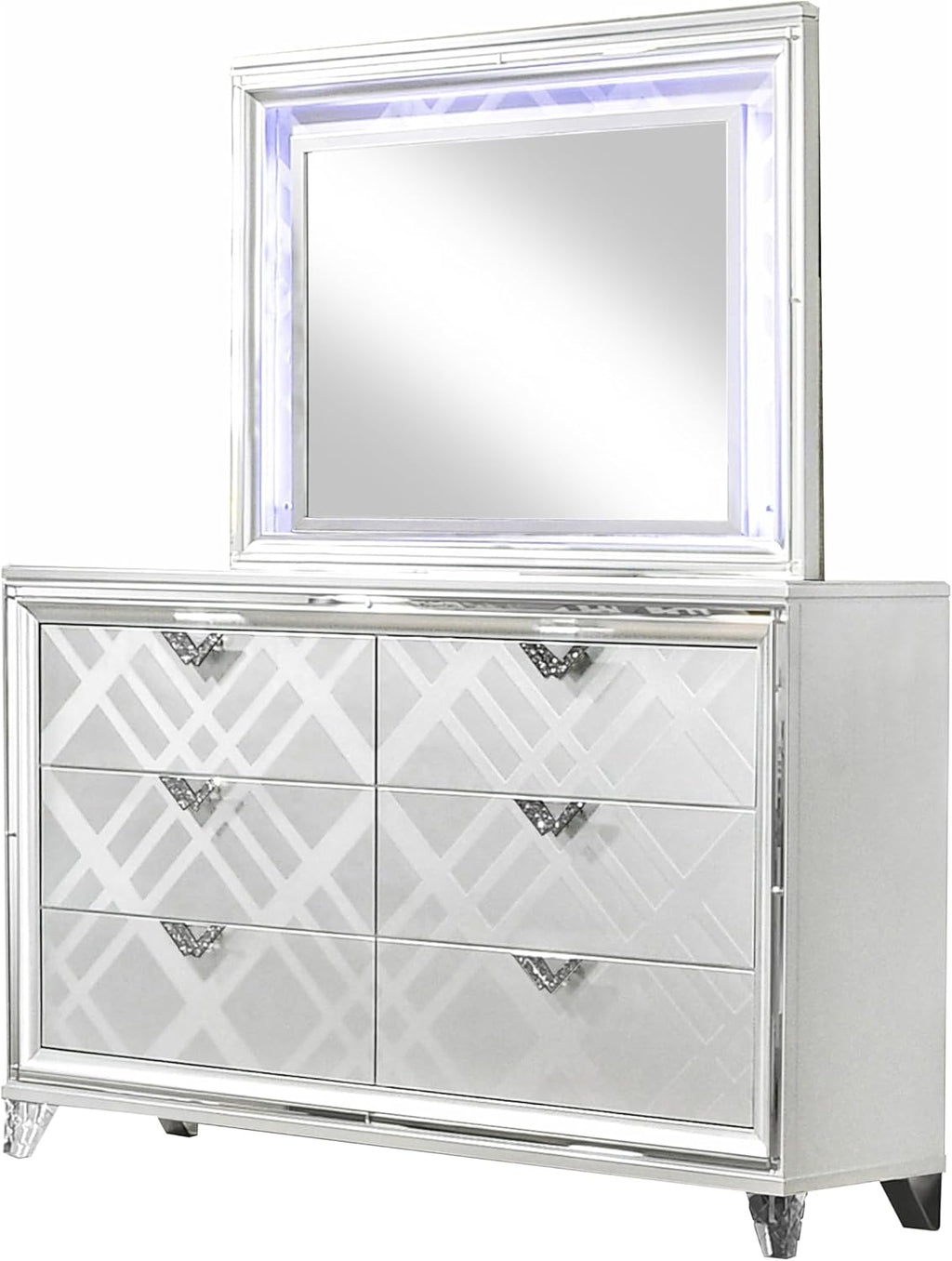 HOMES: Inside + Out Quasar Modern Wood 5-Piece Bedroom Set with LED Lights in Headboard and Mirror, USB Charger Behind Nightstand, Hidden Jewelry Drawers for Bedroom, Queen, White