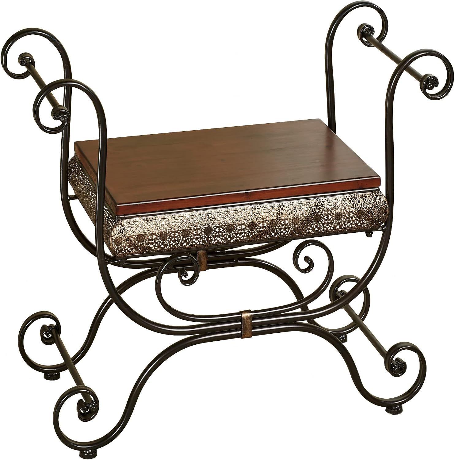 Touch of Class Charleston Ornate Openwork Vanity Bench Stool Bronze | Lace Scrolls with Arms - Metal with Naturally Cherry Wood Seat | Elegant Stools for Bathroom, Makeup, Bedroom
