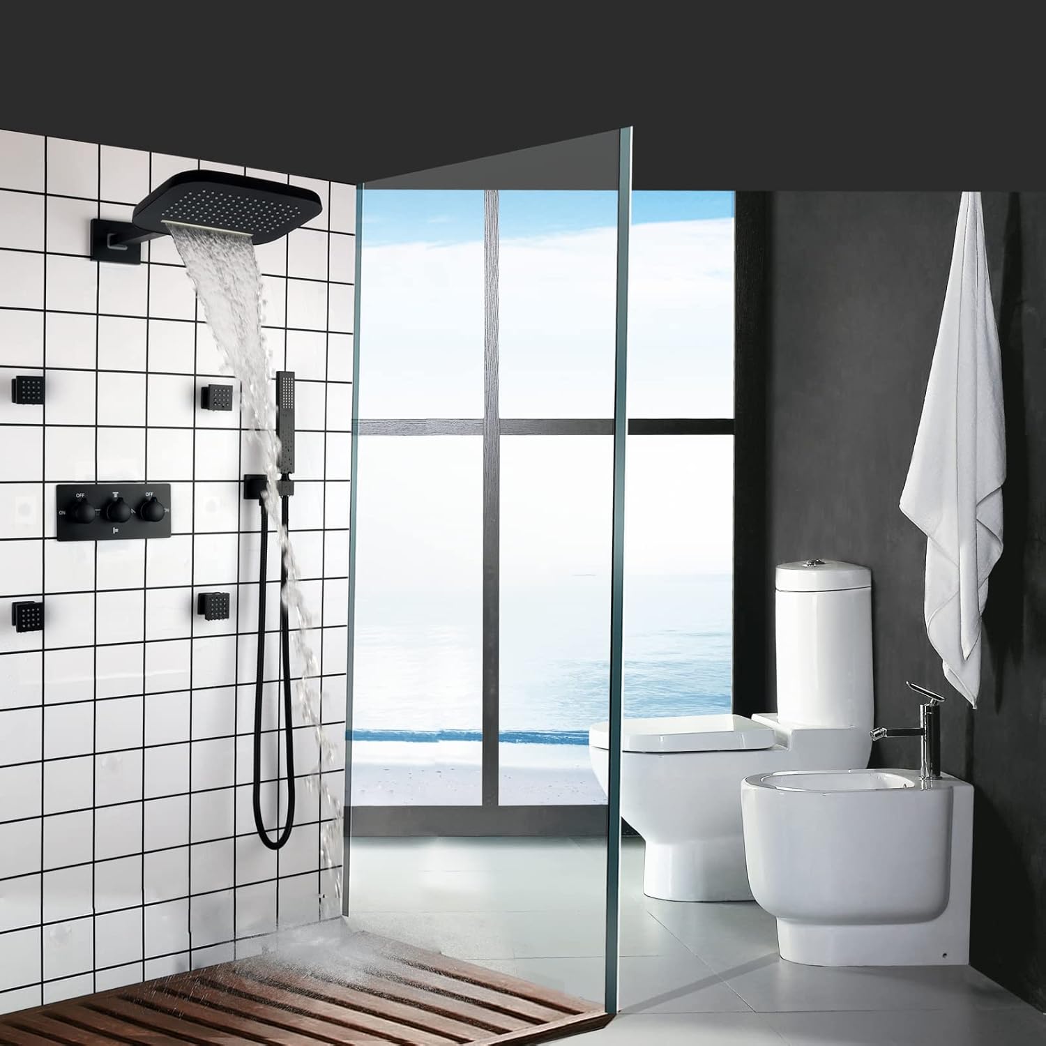 Waterfall Rain Shower System Wall Mounted Brass Shower Head and Handheld Sprays Massage Spa Body Combo Set (Matte Black)