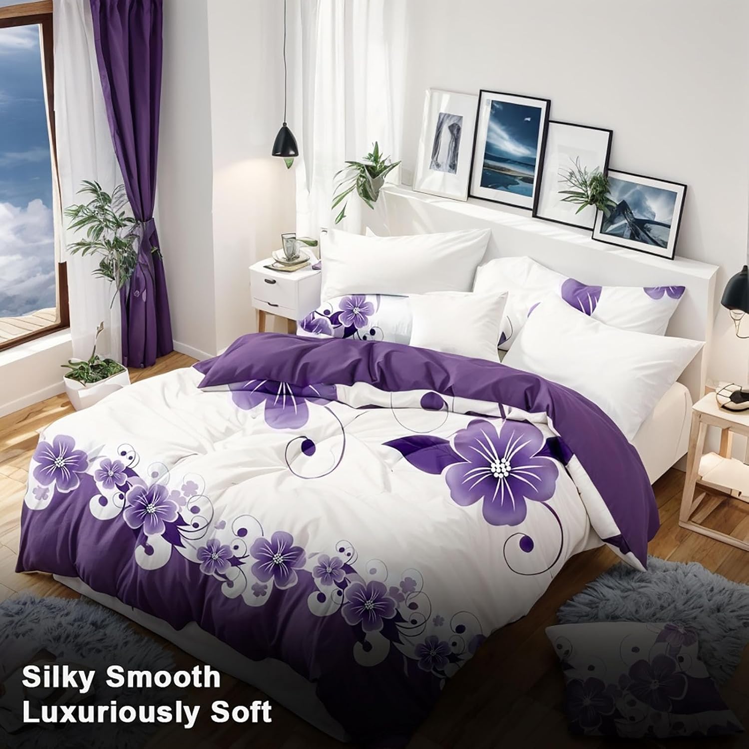 XinYunKeJiShop Reylox 9-Piece Cal King Comforter Set with Curtains | Purple Floral | Microfiber RV & Elegant Living