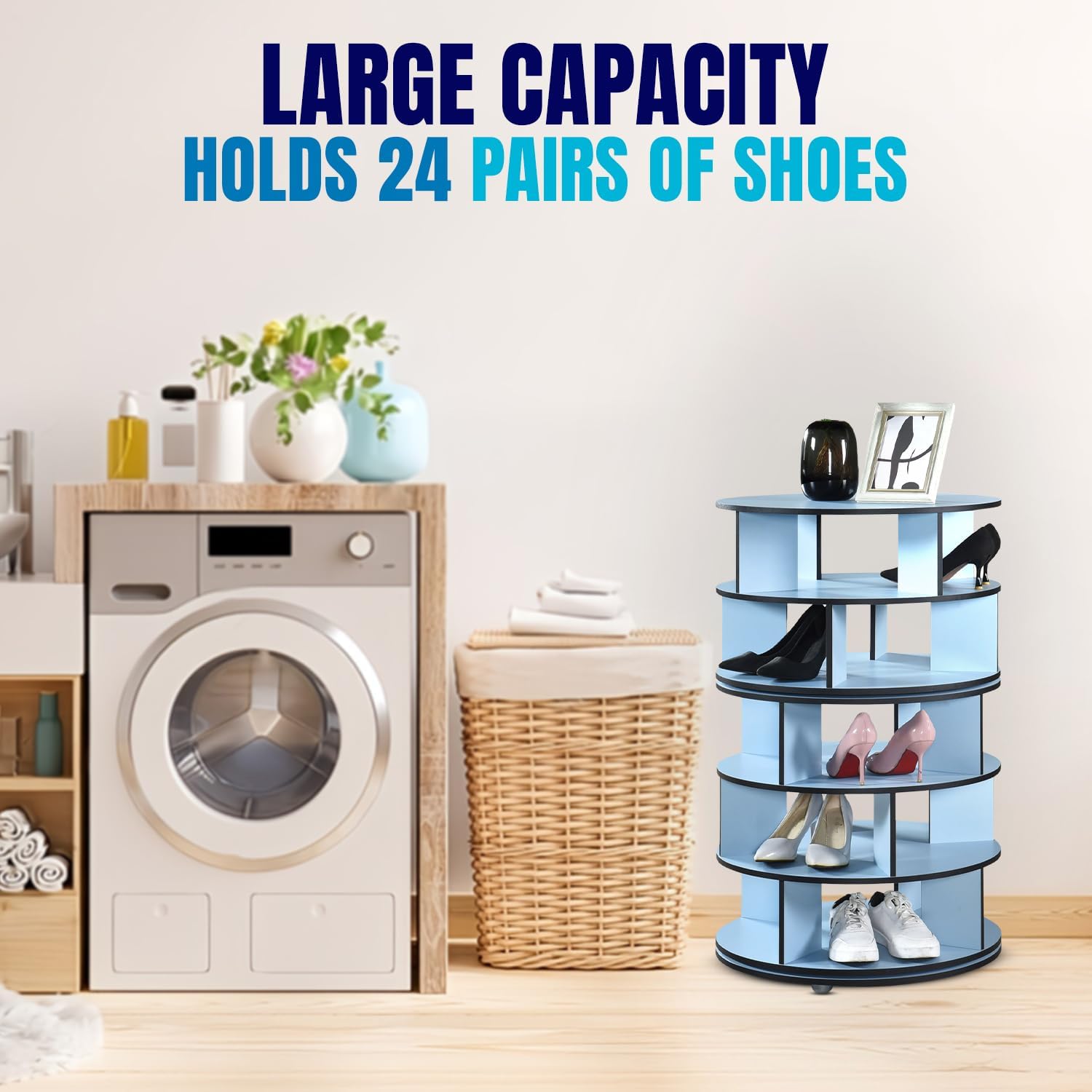 Kings Brand Furniture - 5-Tier Rotating Shoe Rack, 360° Revolving Lazy Susan Spinning Shoe Rack Tower Storage Organizer for Closet Entryway Bedroom Hallway, Blue
