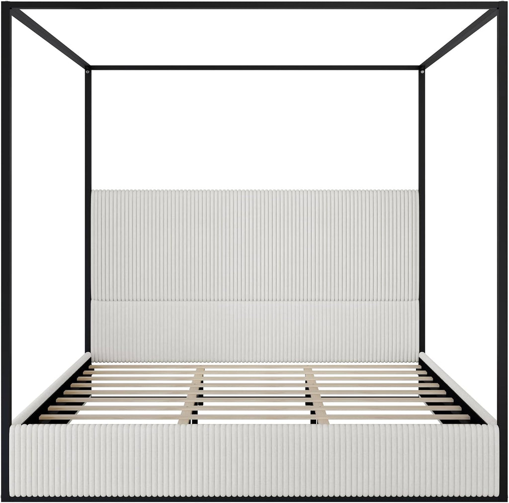 Merax Modern Luxury King Metal Canopy Bed with Tall Upholstered Headboard, Gold Four Poster Bed, No Box Spring Needed, White