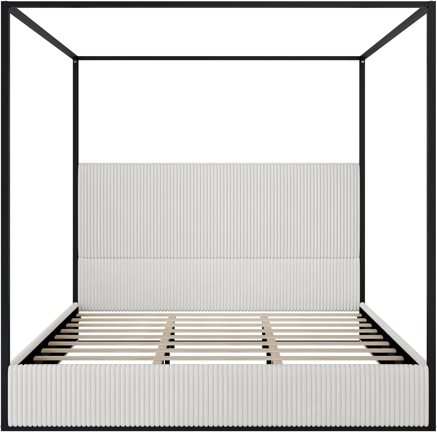 Merax Modern Luxury King Metal Canopy Bed with Tall Upholstered Headboard, Gold Four Poster Bed, No Box Spring Needed, White
