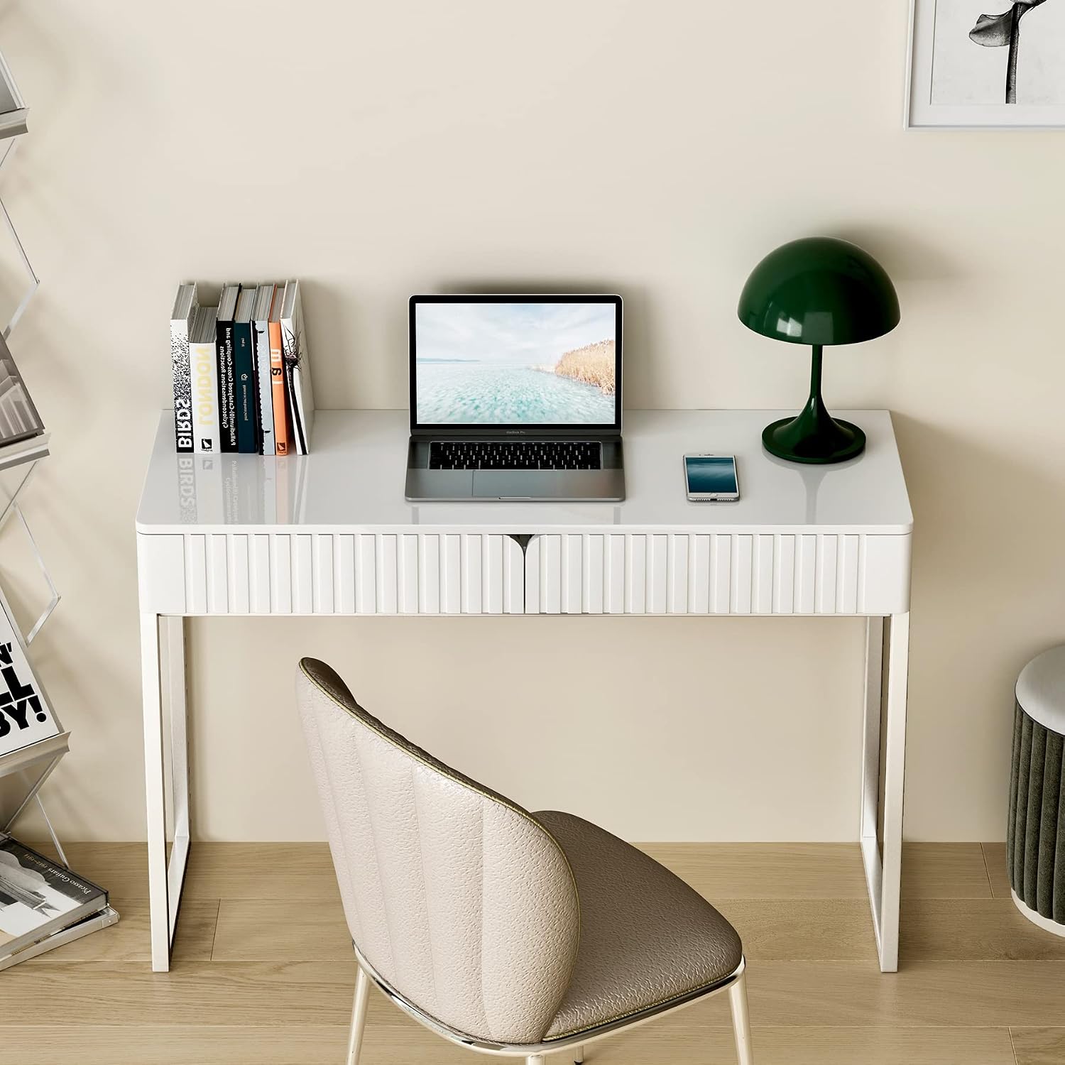 Tamworth Design Modern Multi-Purpose Desk, White & Antique Brass, 43' L x 15.75' W, 2 Large Drawers, Computer/Vanity/Study, Adult Size