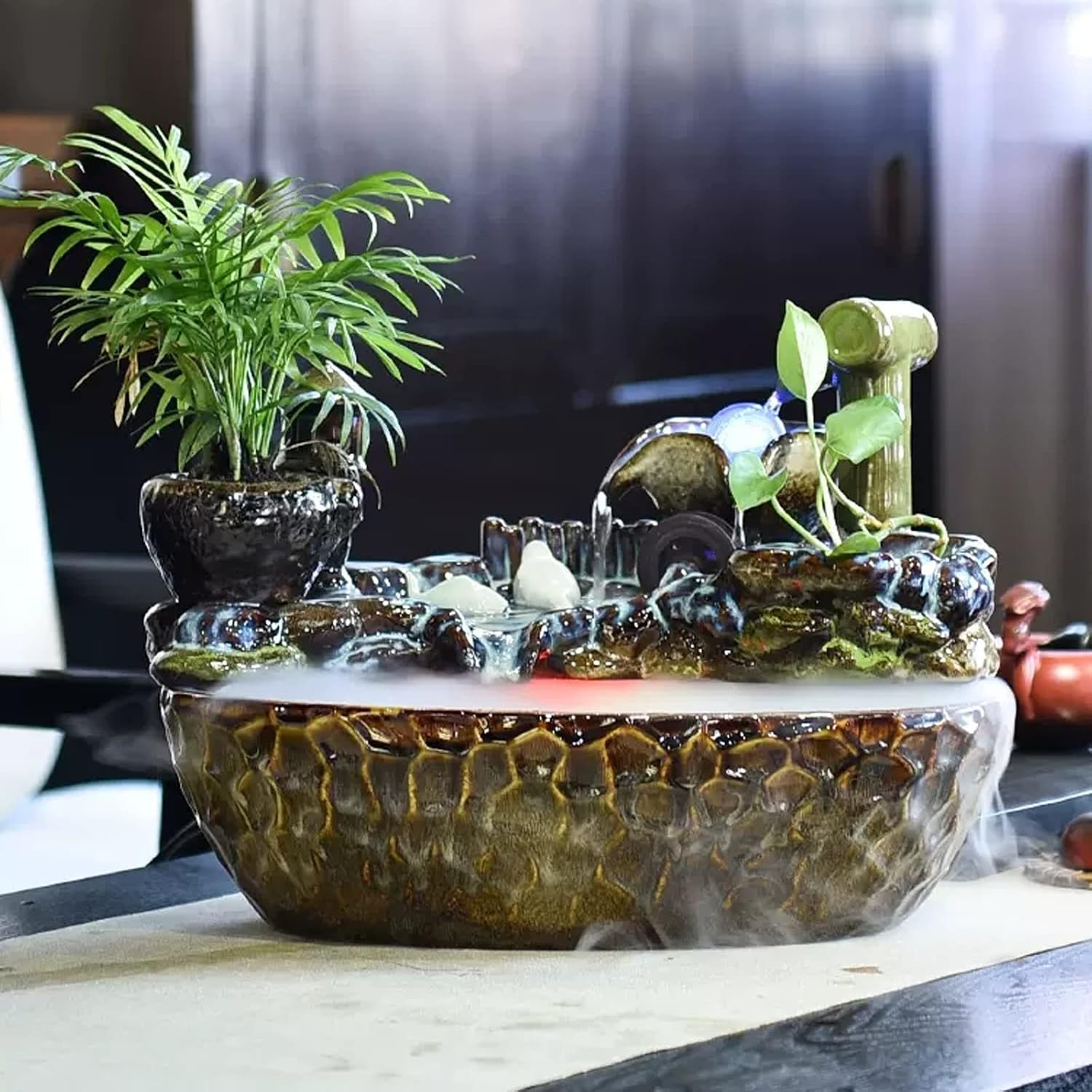 Tabletop Water Fountain Ceramics Tabletop Water Fountain Indoor Waterfalls Fountains Decorative Tabletop Fountain for Bedroom, Office, Living Room, Kitchen Dining Room and Bathroom Décor Indoor Founta