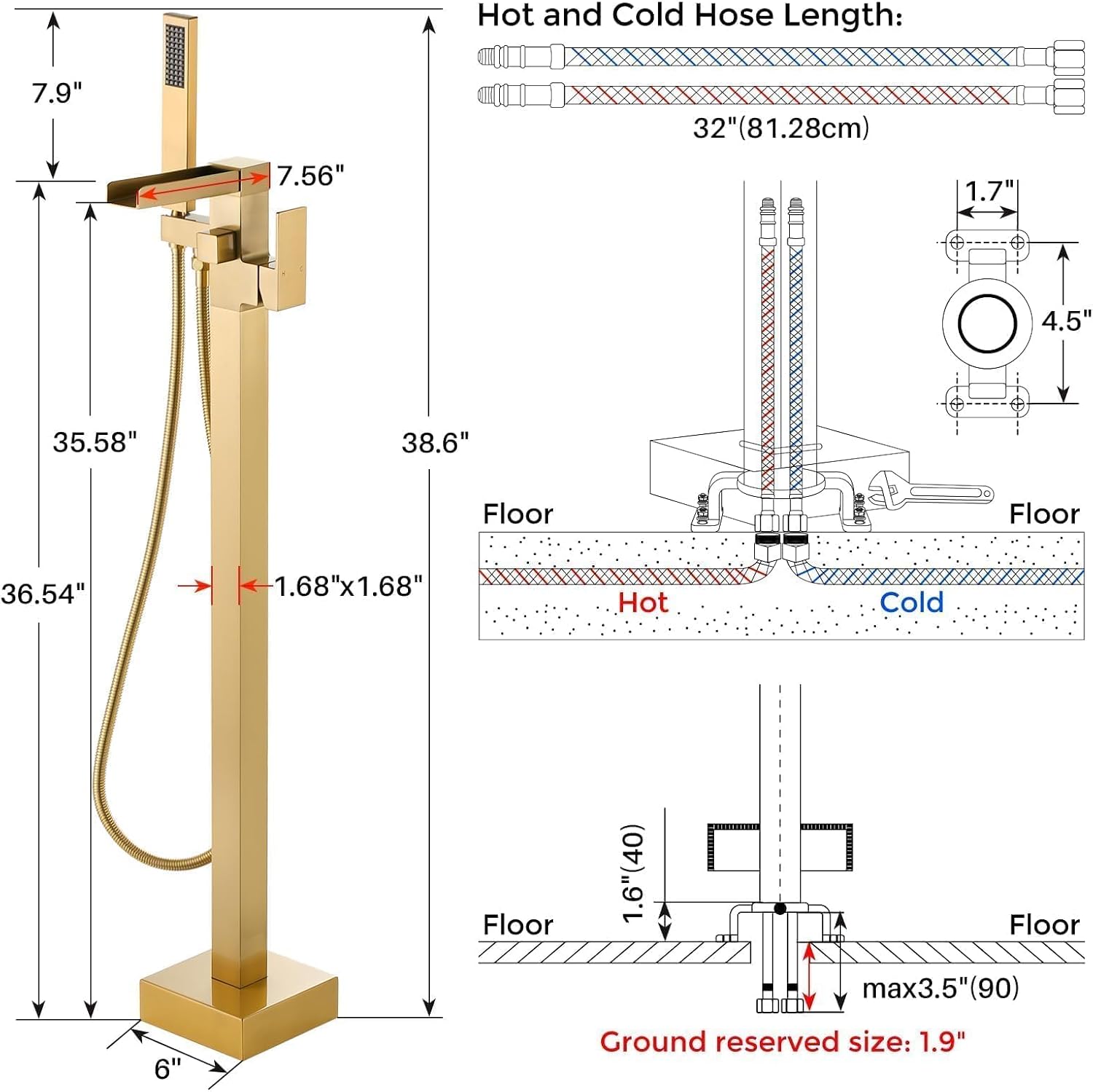 Freestanding Tub Faucet Brushed Gold: ALEASHA High Flow Max 6.74 GPM Free Standing Tub Filler - Brass Modern Floor Mount Bathtub Faucet with Handheld Shower, for the Ultimate Elegant SPA Experience