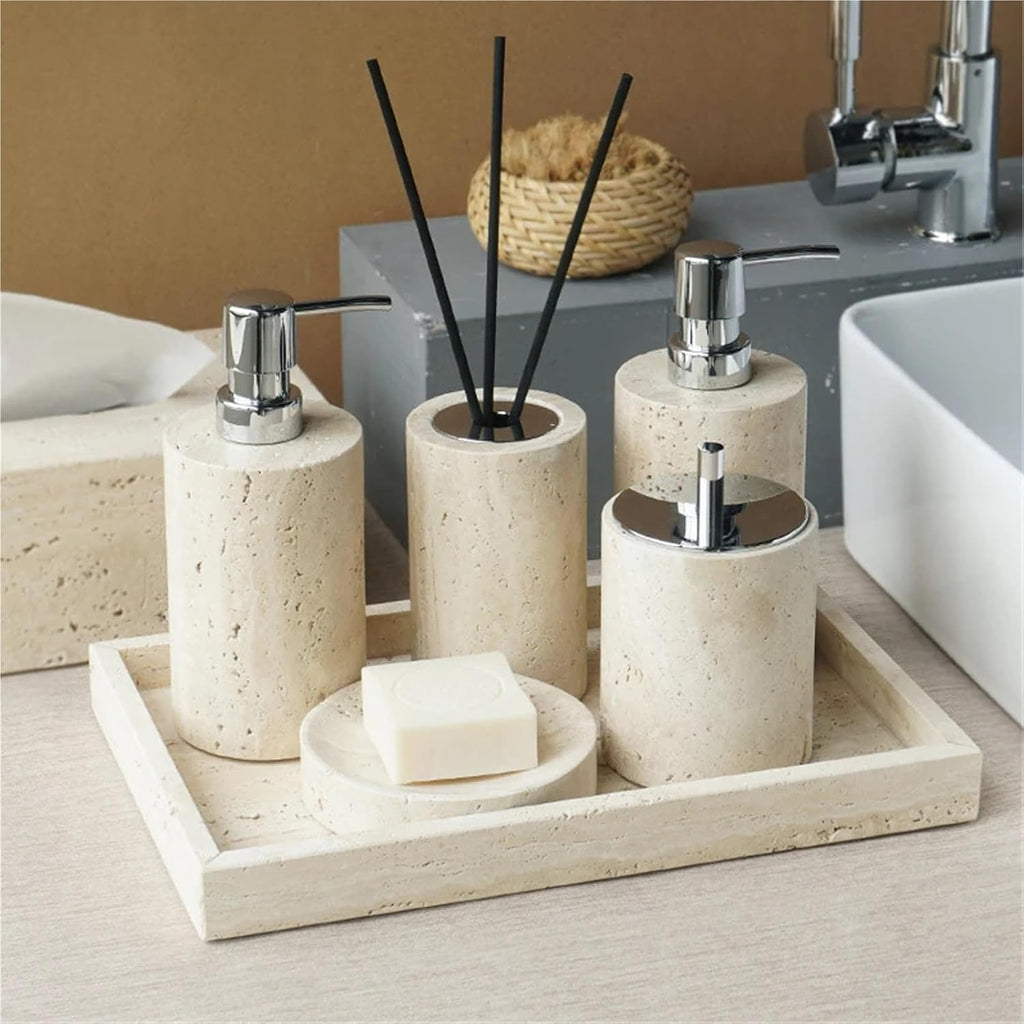 Beige Travertine Bathroom Accessories Set Natural Marble Soap Dispenser Soap Reed Diffuser Vanity Tray Kit Bathroom(Color-21)