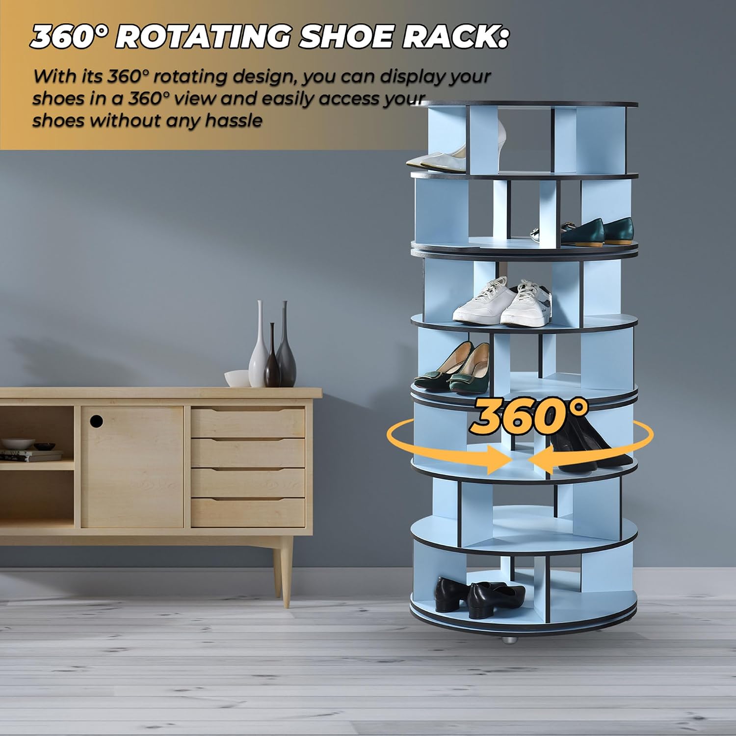 Kings Brand Furniture - 7-Tier Rotating Shoe Rack, 360° Revolving Lazy Susan Spinning Shoe Rack Tower Storage Organizer for Closet Entryway Bedroom Hallway, Blue