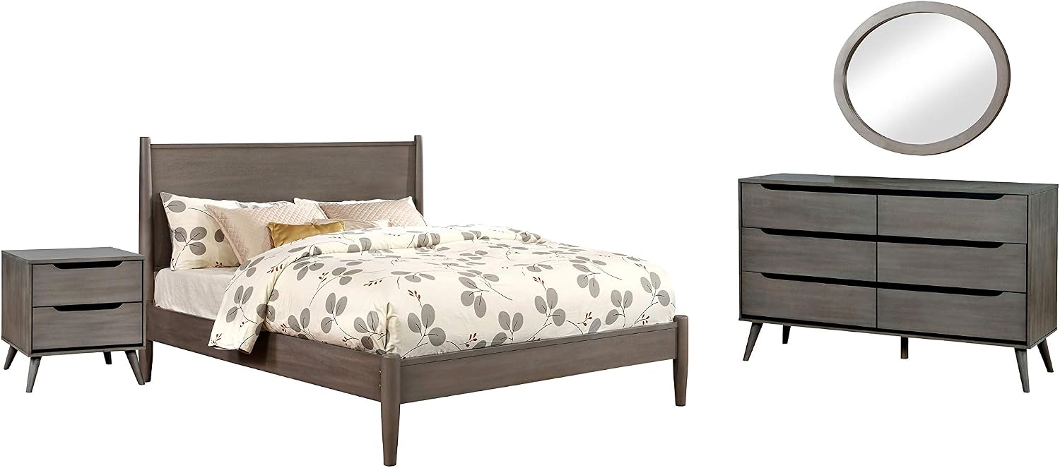 24/7 Shop at Home Chopard Contemporary Wood Bedroom Set, 4-Piece California King Bedroom Set with Ovel Mirror, Gray