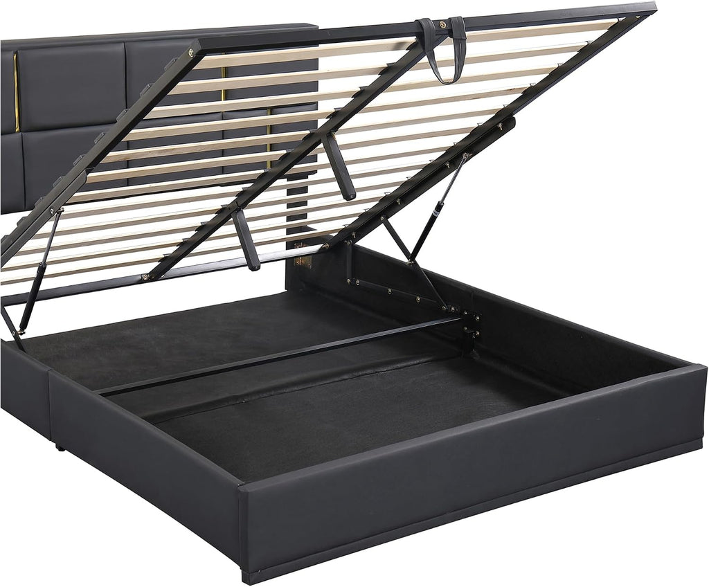 Queen Size Hydraulic Lift Up Storage Bed Frame with Storage Bench, PU Upholstered Platform Beds with Headboard, Two Piece Bedroom Sets, Wooden Slats Support, No Box Spring Needed (Black)