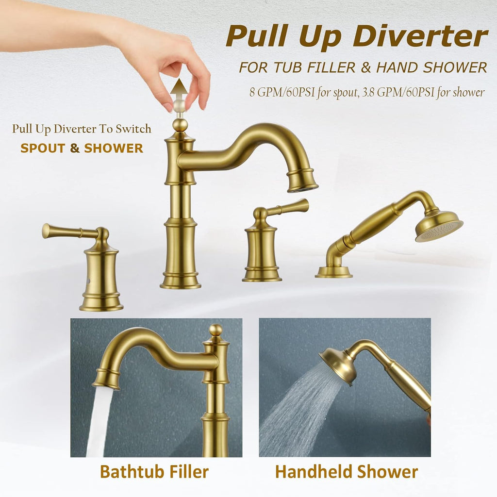Roman Bathtub Faucet Set With Hand Shower 4 Hole Deck Mount Tub Filler With Diverter, 2 Lever Handle Rough-in Valve and Water Supply Lines Included for Bathroom Tub, Brushed Gold