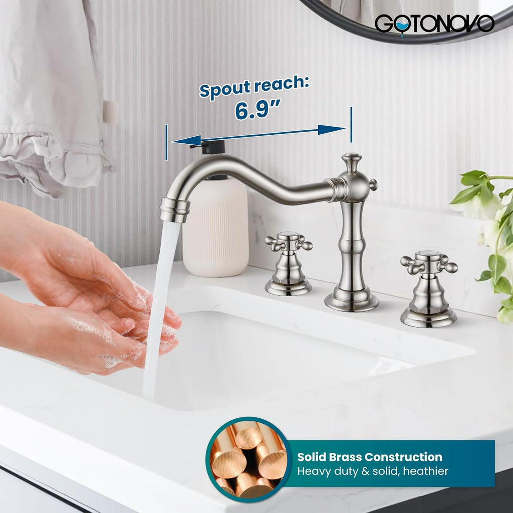 gotonovo 10' Rain Shower System Brushed Nickel Luxury High Pressure Shower Head with Hand Held Spray Rough-in Valve with Widespread Bathroom Faucet 3 Holes Deck Mounted with Pop Up Drain