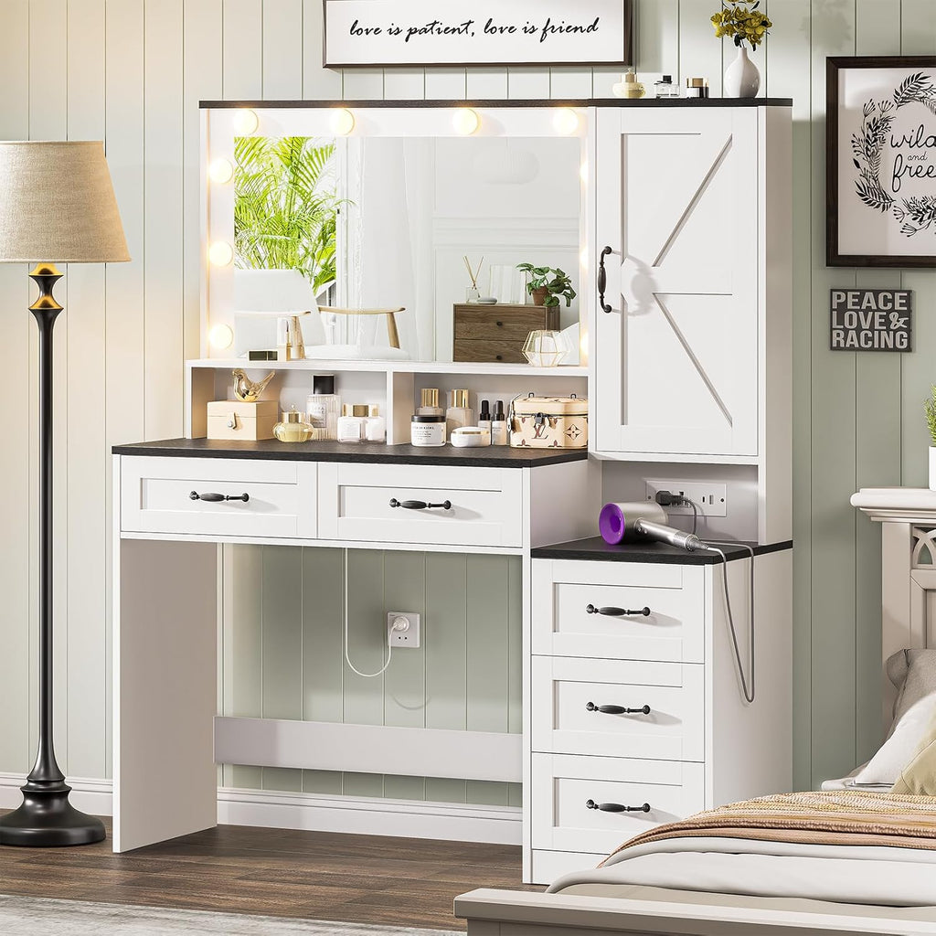 Farmhouse Vanity Desk Makeup Table with Mirror and 10 Lights, 45.3' Large Vanity Desk with Power Outlet, 5 Drawers, 1 Cabinet & 9 Jewelry Hooks, Dressing Table for Women Girls White & Black