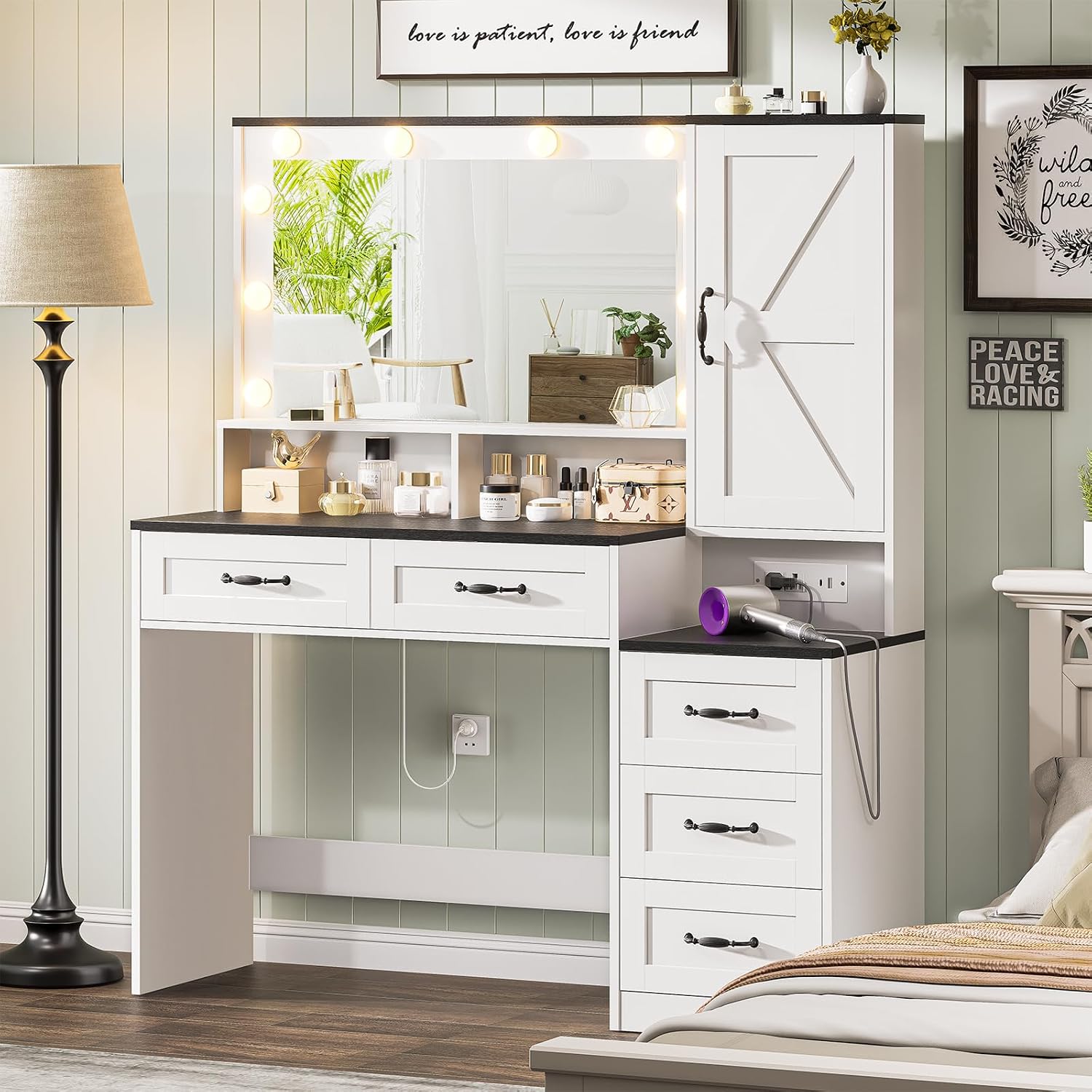 Farmhouse Vanity Desk Makeup Table with Mirror and 10 Lights, 45.3' Large Vanity Desk with Power Outlet, 5 Drawers, 1 Cabinet & 9 Jewelry Hooks, Dressing Table for Women Girls White & Black