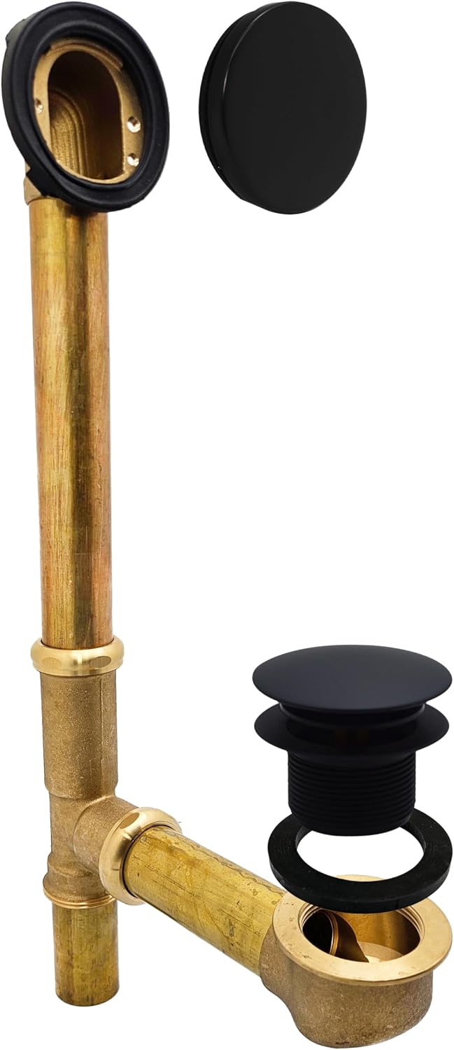 Westbrass A325H-62 14' Brass Bath Waste & Overflow Assembly with European Tip-Toe Drain Plug and Illusionary Faceplate, Matte Black