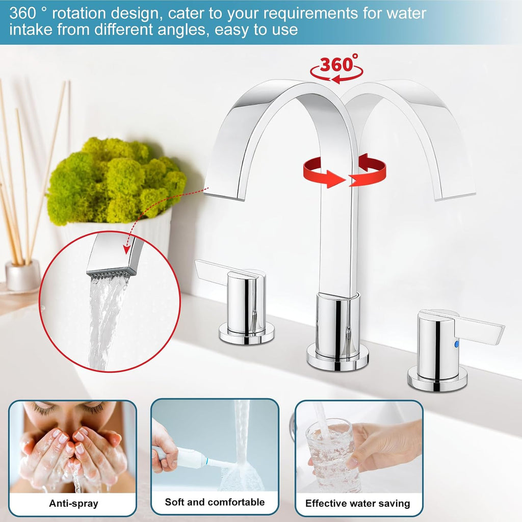 Midanya Polish Chrome 8 inch Widespread Bathroom Sink Faucet Morden Waterfall 3 Holes 2 Handles Vanity Faucet with 10 Inch Polish Chrome Wall Mount Rain Shower System Shower Faucet Set