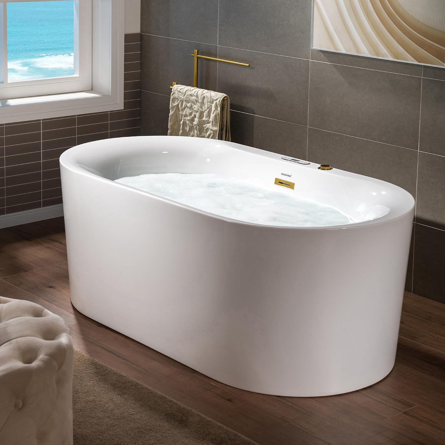 WOODBRIDGE 59' x 31-1/2' Whirlpool and Air Bath Heated Soaking Combination Tub with Adjustable Speed Air Blower and Display Control Panel, Brushed Gold Finish Trim and Drain Kit,BG100